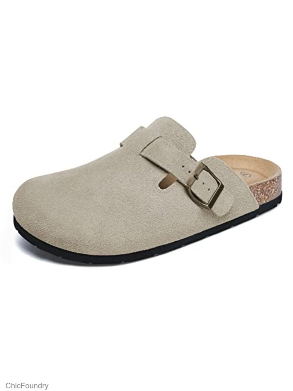 Suede Clogs with Arch Support Cork Insole Adjustable Buckle Slip-On